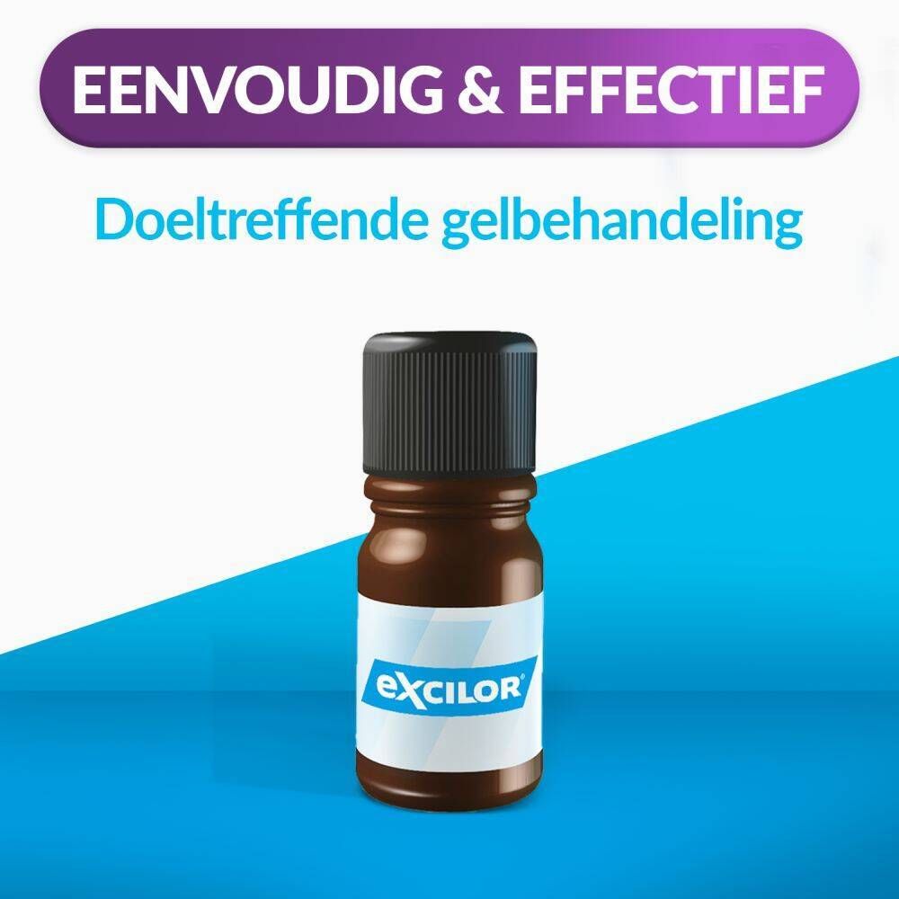 Verpakking en fles. Opschrift: Excilor, wratten behandeling. Bevat 4 ml.