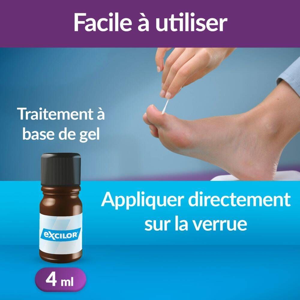 Emballage et flacon. Inscription: Excilor, traitement des verrues. Contient 4 ml.