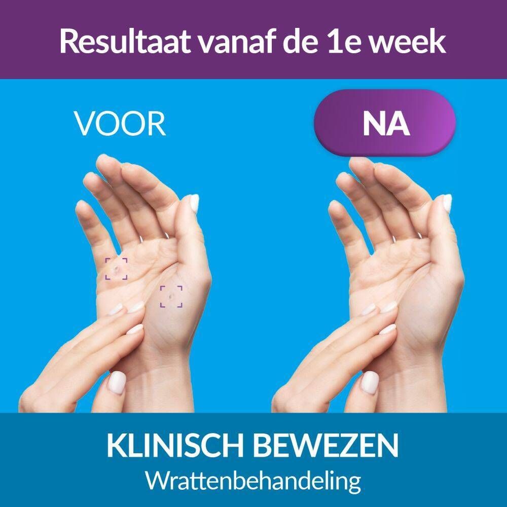 Verpakking en fles. Opschrift: Excilor, wratten behandeling. Bevat 4 ml.