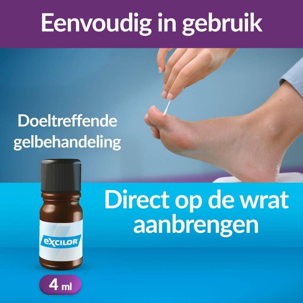 Verpakking en fles. Opschrift: Excilor, wratten behandeling. Bevat 4 ml.