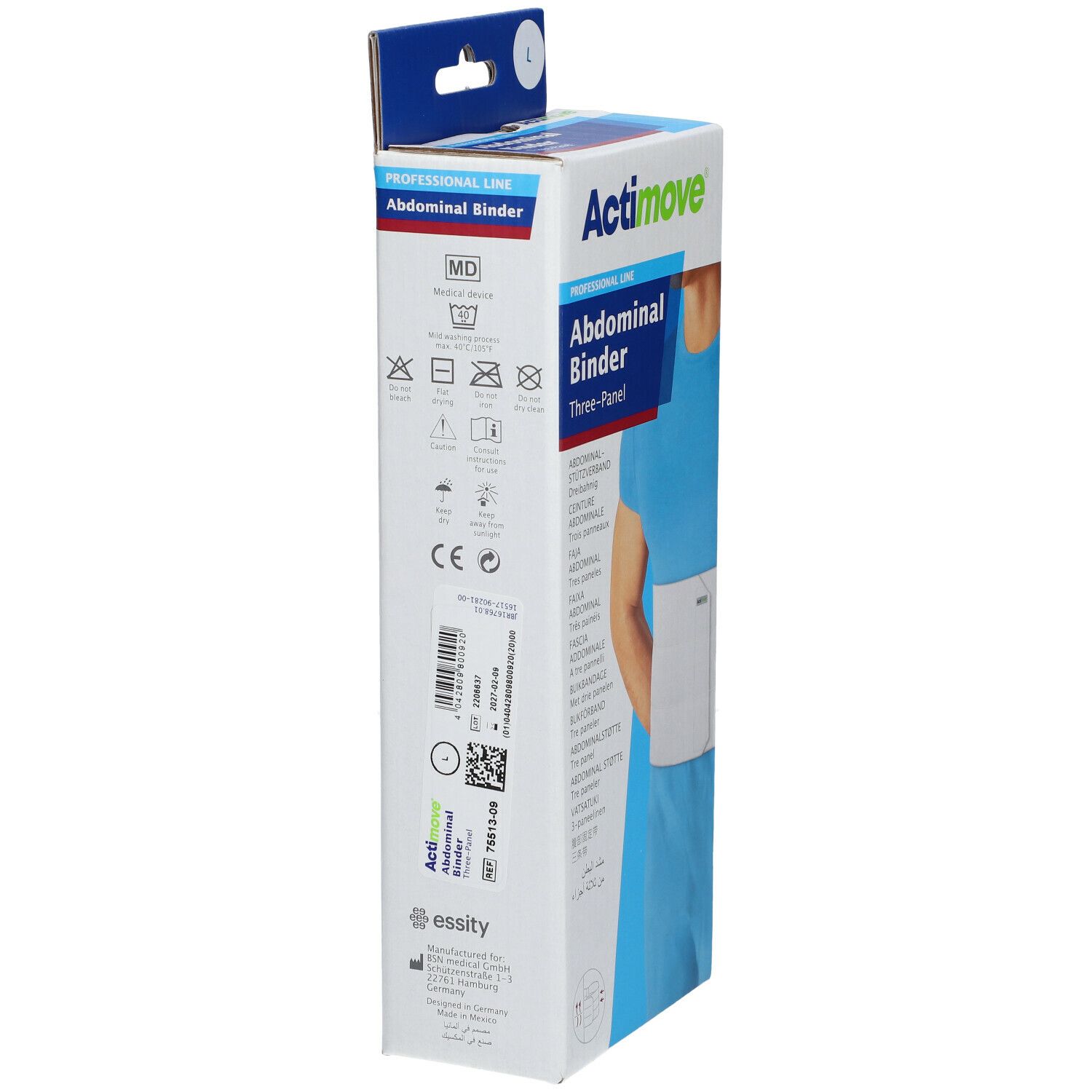 Verpakking Actimove Abdominal Binder. Zijaanzicht met productinformatie, wassymbolen en CE-markering. Maat L.