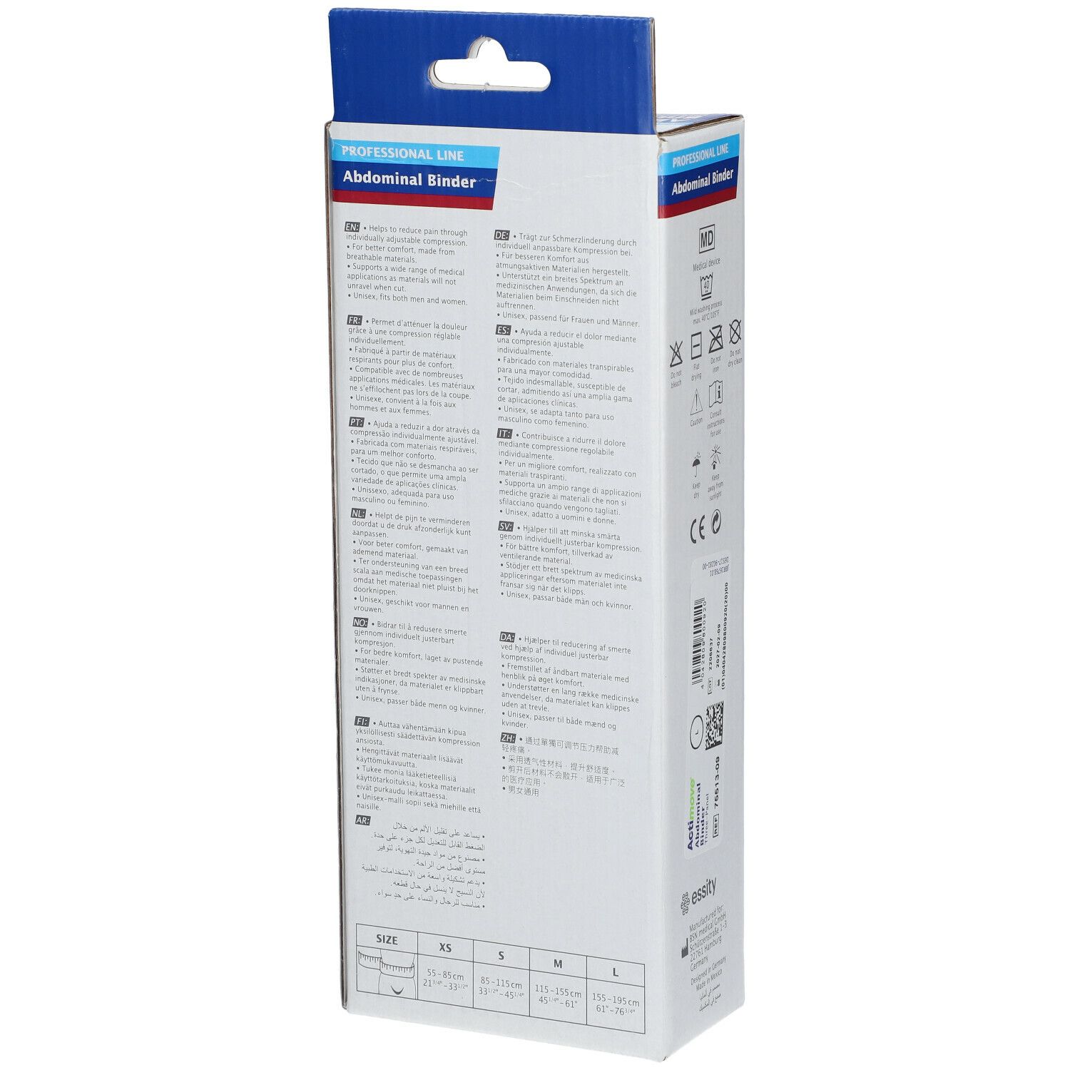 Achterkant van de Actimove Abdominal Binder verpakking. Productinformatie, maatindicaties en fabrikantenadres. Maat L.
