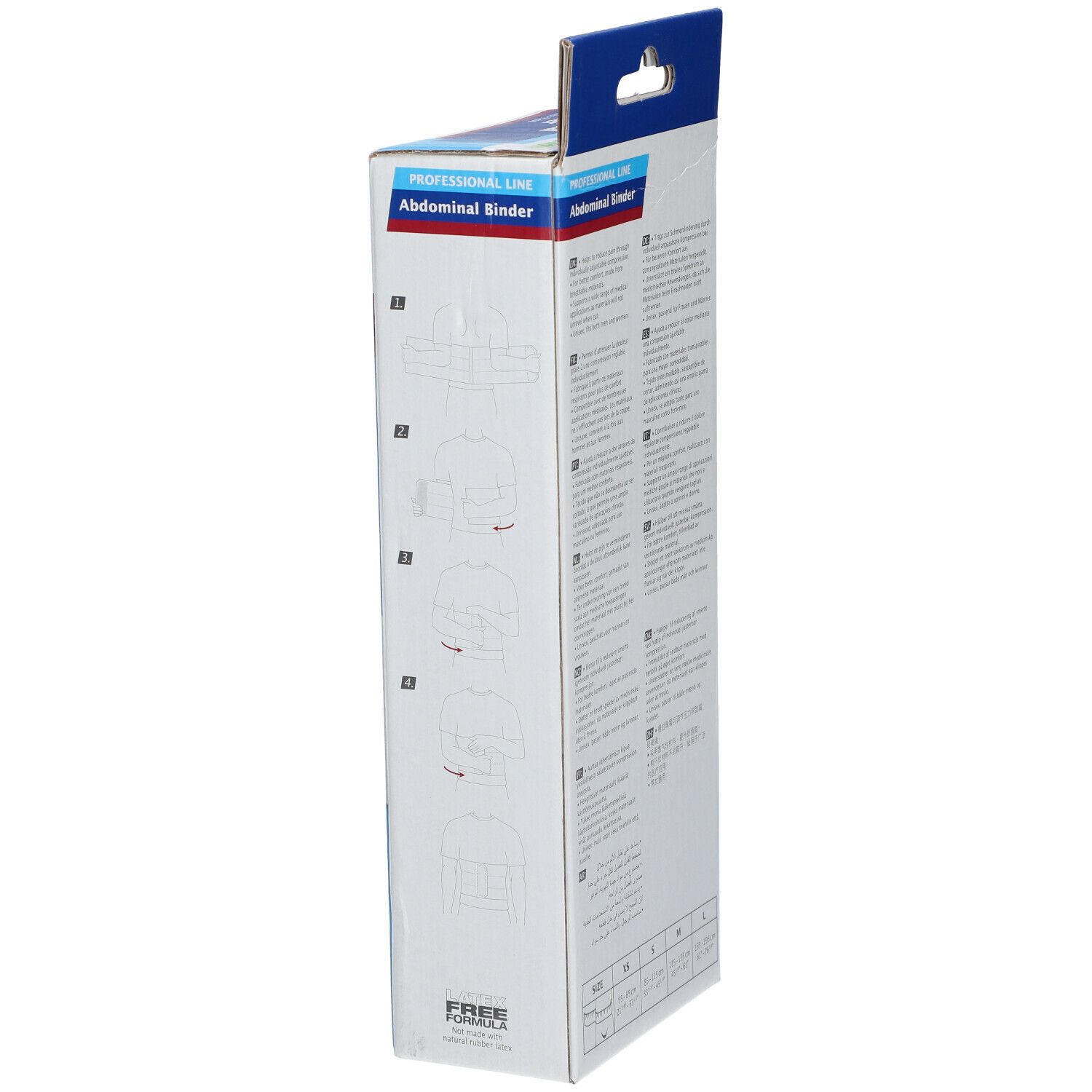 Zijaanzicht van de Actimove Abdominal Binder verpakking. Illustraties voor gebruik. Maatindicaties. Maat L.