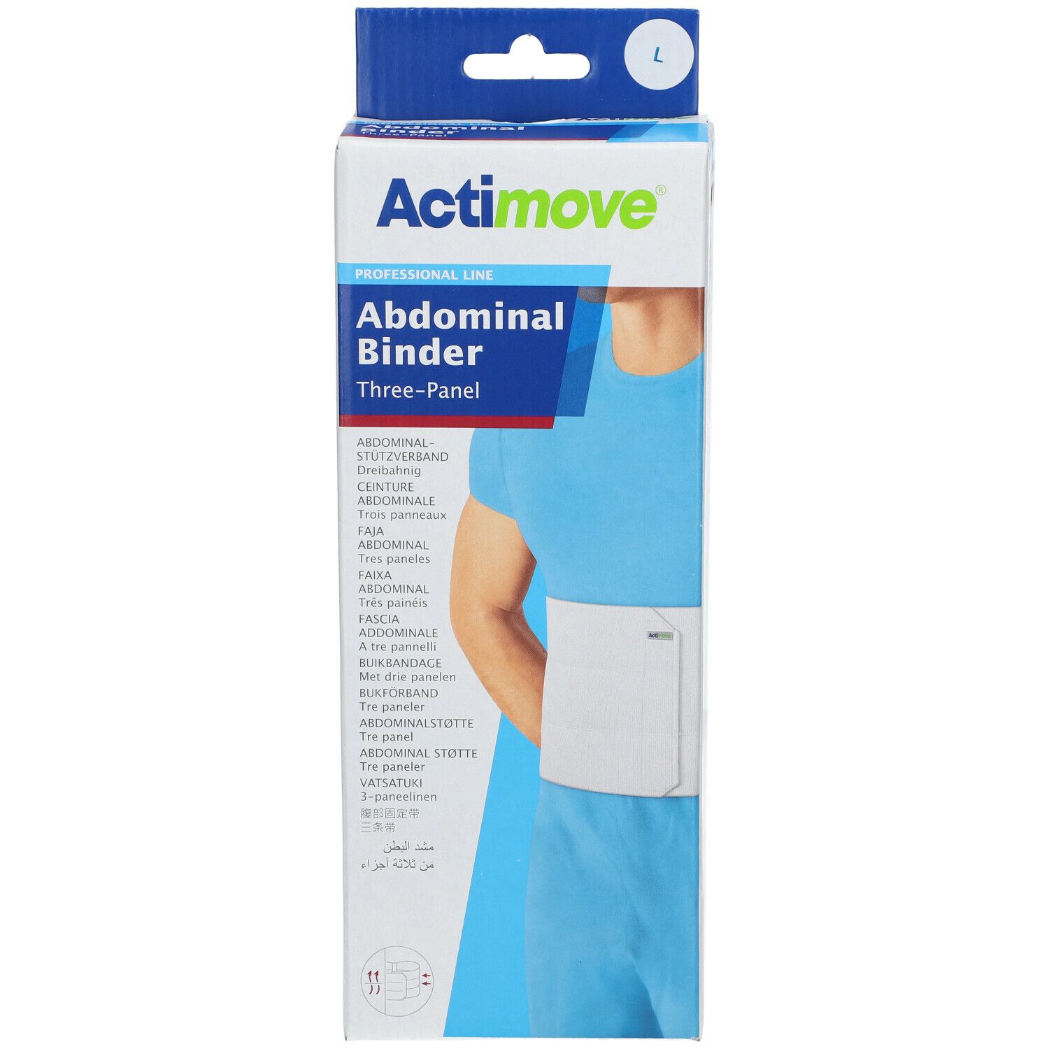 Verpakking Actimove Abdominal Binder, maat L. Productillustratie op lichaam. Driedelige buikband. Logo en productnaam.