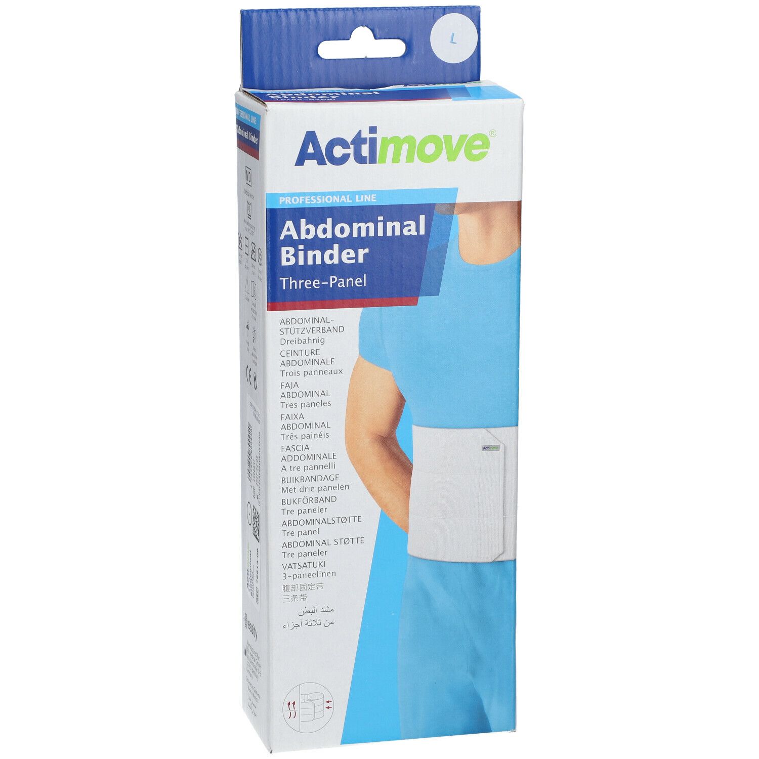 Verpakking Actimove Abdominal Binder, maat L. Productillustratie op lichaam. Driedelige buikband. Logo en productnaam.