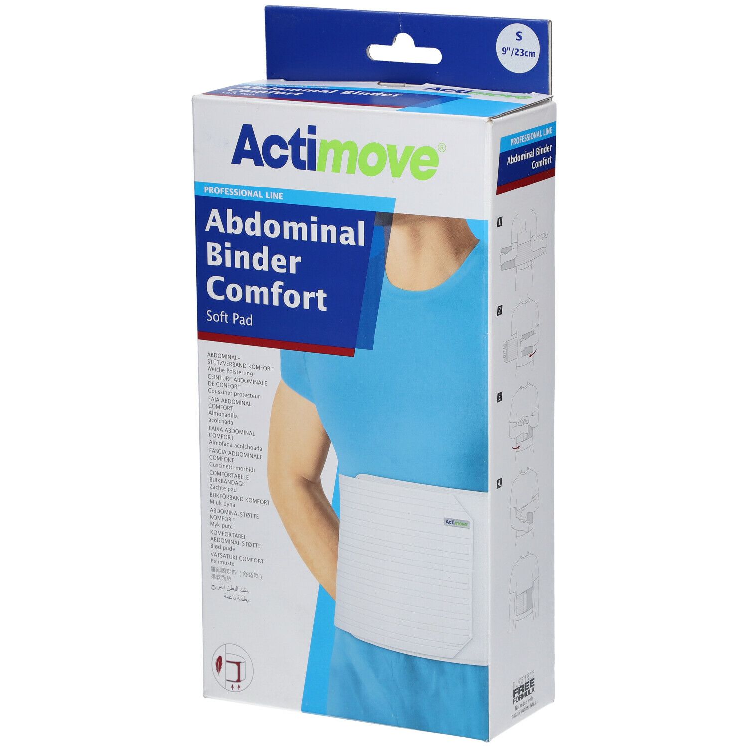 Emballage Actimove Abdominal Binder Comfort. Taille S. Produit porté. Produit blanc, emballage bleu et blanc.