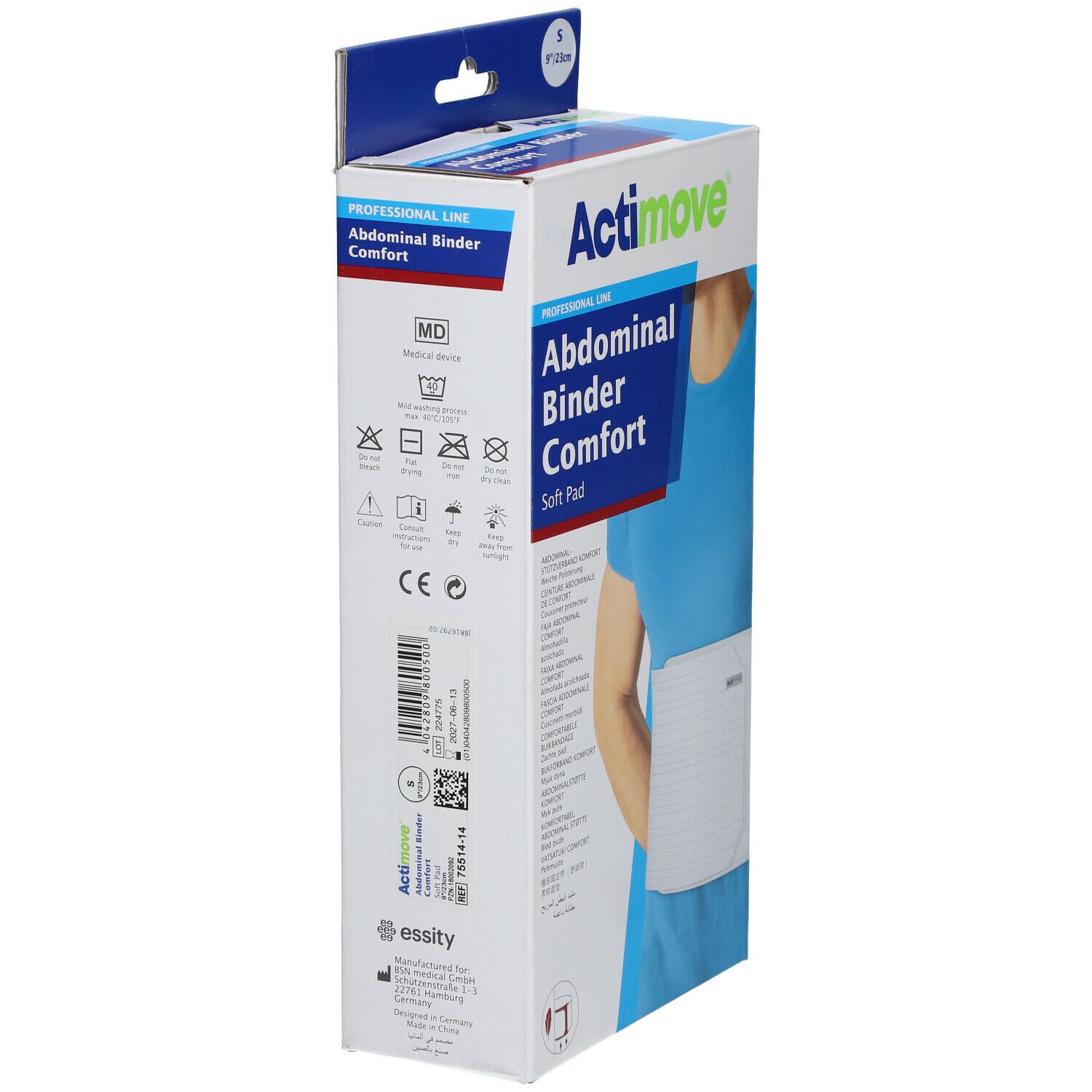 Emballage Actimove Abdominal Binder Comfort. Taille S. Informations et logos sur l'emballage.