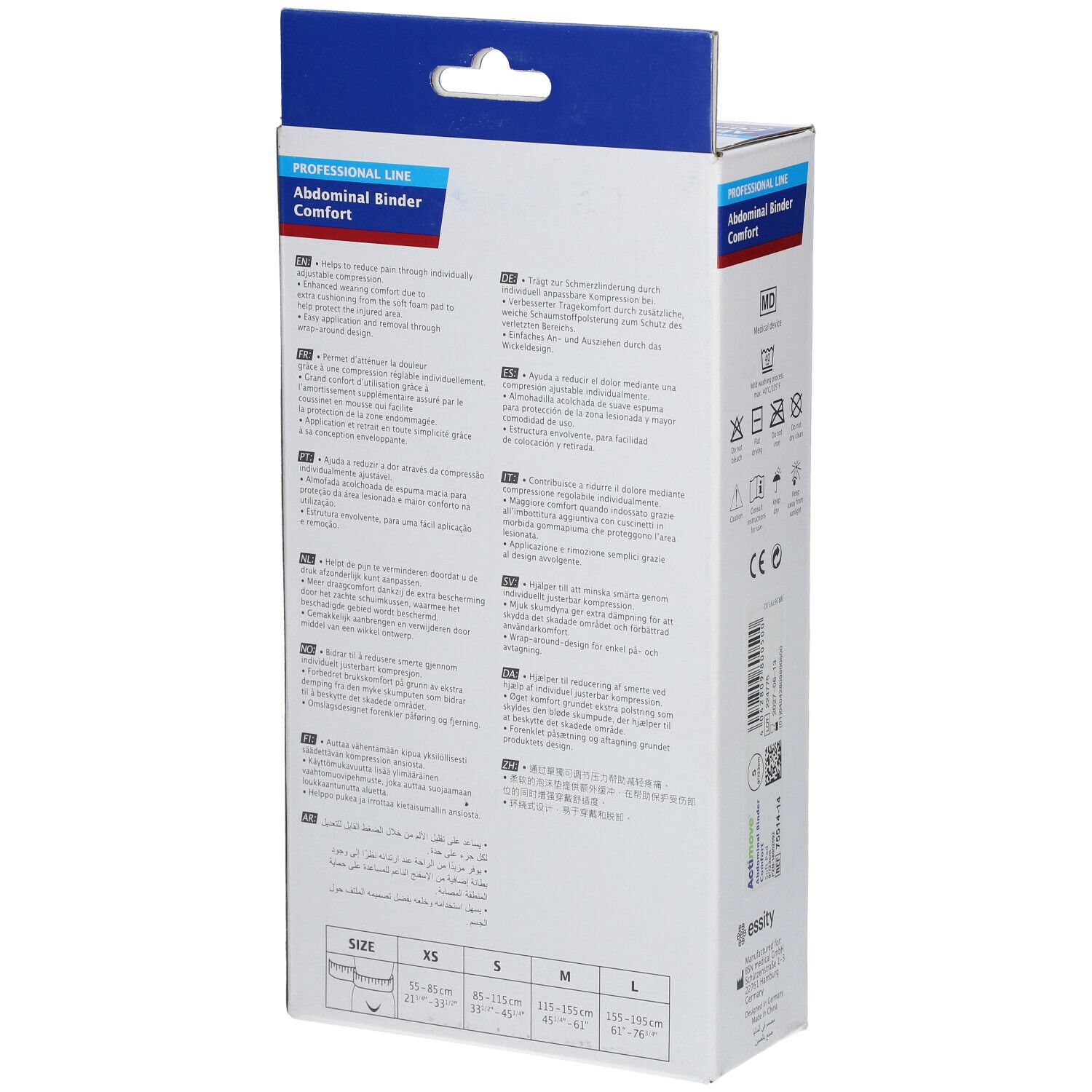 Dos de l'emballage Actimove Abdominal Binder Comfort. Tailles XS-L. Description du produit en plusieurs langues.