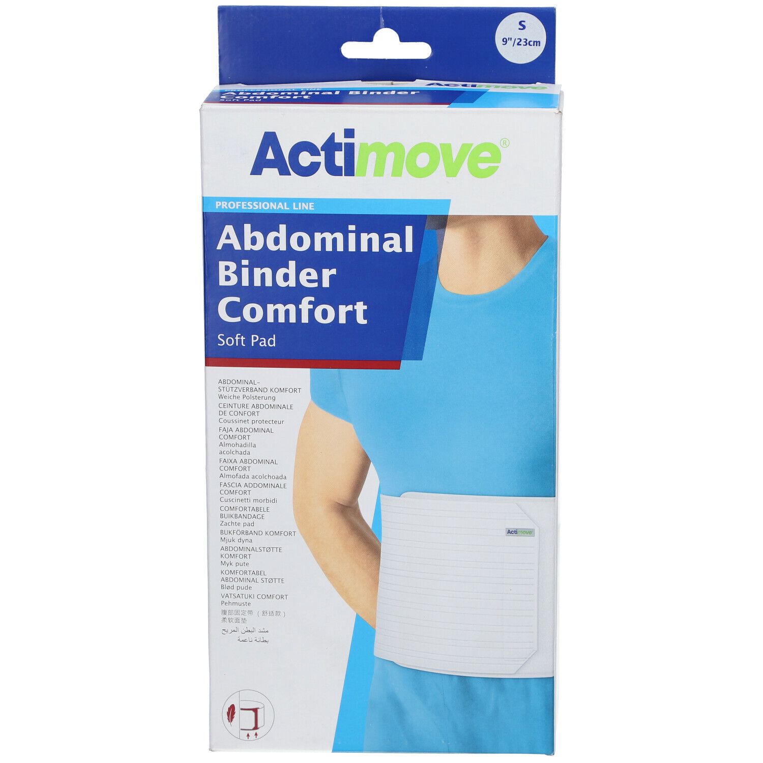 Emballage Actimove Abdominal Binder Comfort. Taille S. Produit porté. Produit blanc, emballage bleu et blanc.