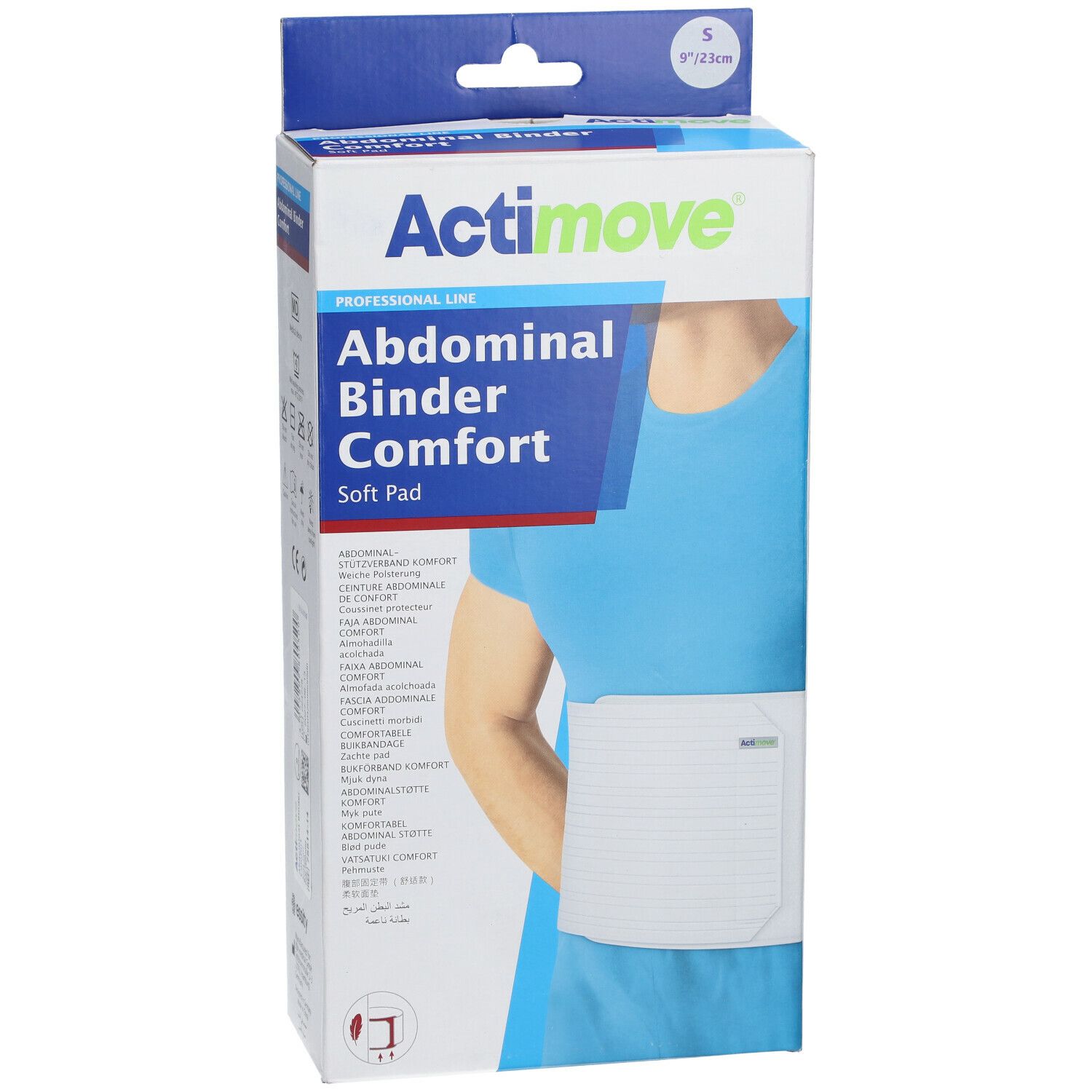 Emballage Actimove Abdominal Binder Comfort. Taille S. Produit porté. Produit blanc, emballage bleu et blanc.