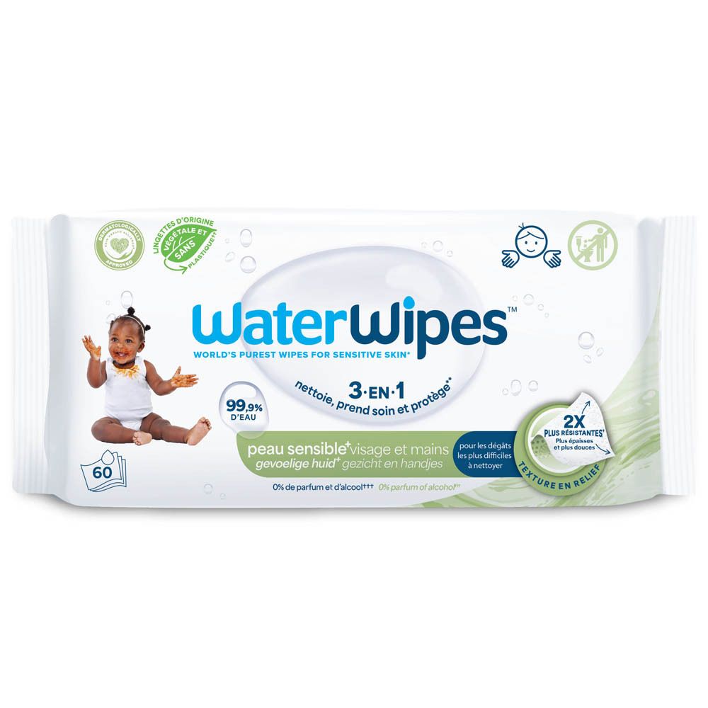 WaterWipes-Verpackung mit Baby-Illustration. Text: 3-EN-1, 99,9% Wasser, für empfindliche Haut, 60 Tücher, 2X mehr Feuchtigkeit.