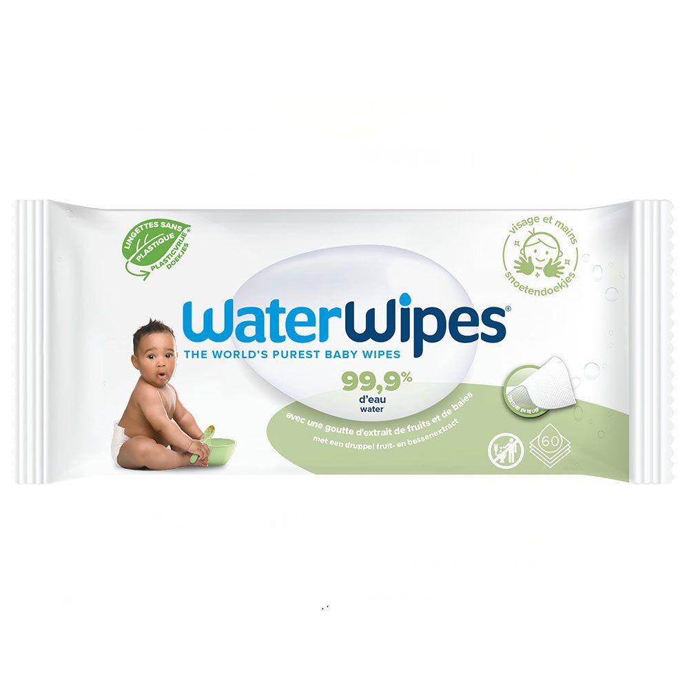 Paquet de lingettes WaterWipes. Emballage blanc avec illustration de bébé et informations sur le produit. 99,9% d'eau.