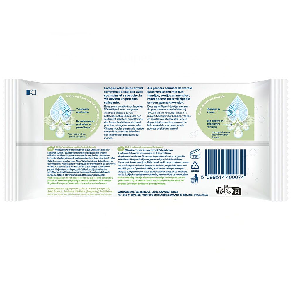Dos du paquet de lingettes WaterWipes. Texte et illustrations avec informations sur le produit. Contient 7 lingettes.