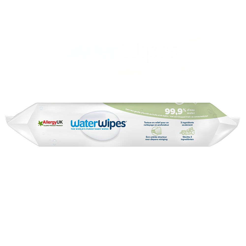 Paquet de lingettes WaterWipes. Emballage blanc avec logo et informations sur le produit. Contient 3 ingrédients. Certification Allergy UK.
