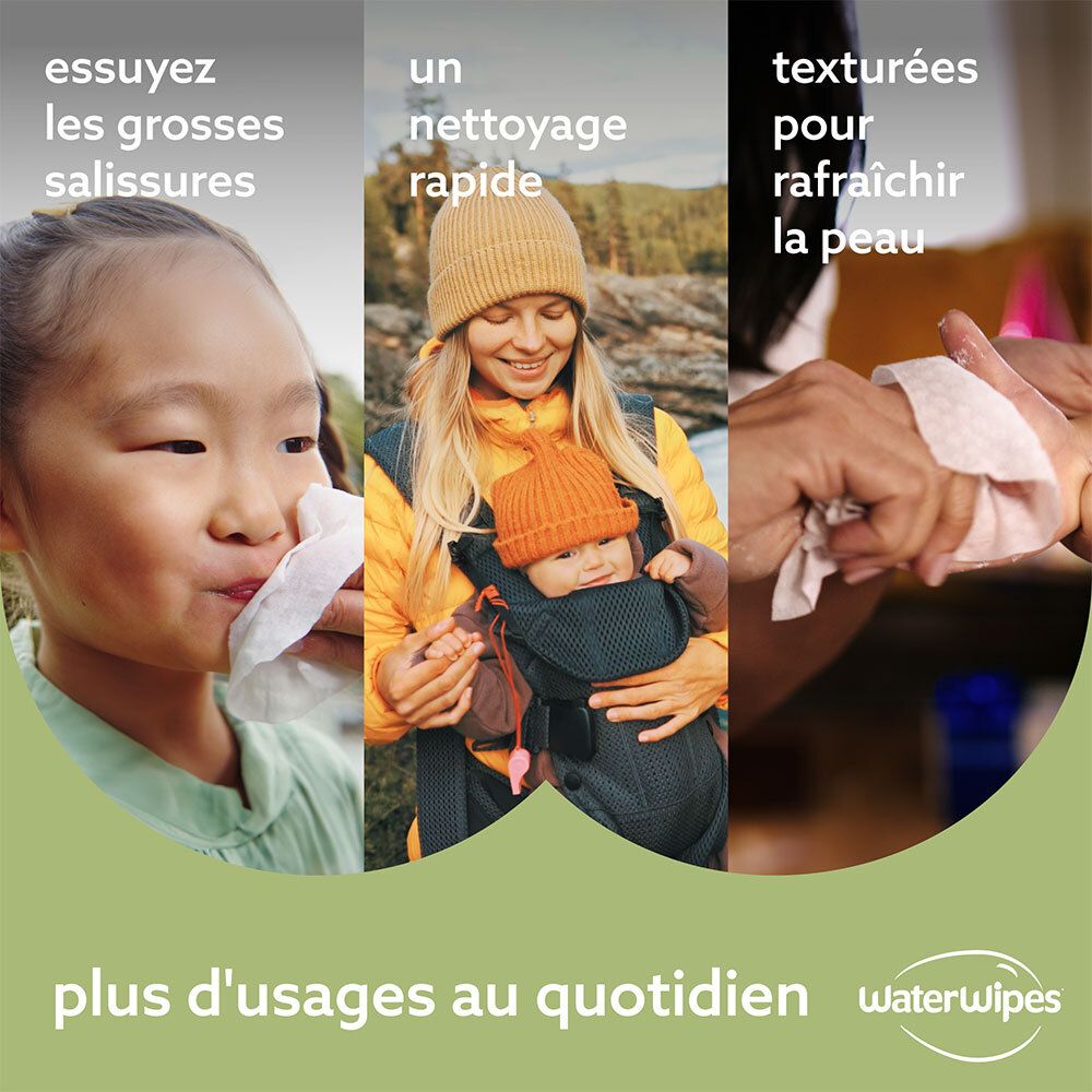 Exemples d'utilisation des WaterWipes. Enfant se mouche, femme essuie bébé, femme se lave les mains.