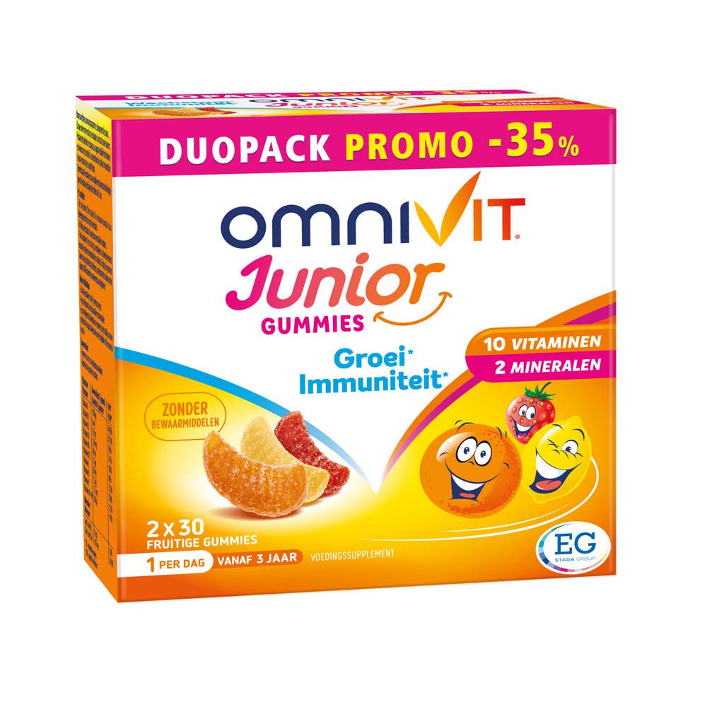Verpakking Omnivit Junior Gummies. Duo Pack Promo -35%. 10 vitaminen, 2 mineralen. Fruitgummies voor kinderen.