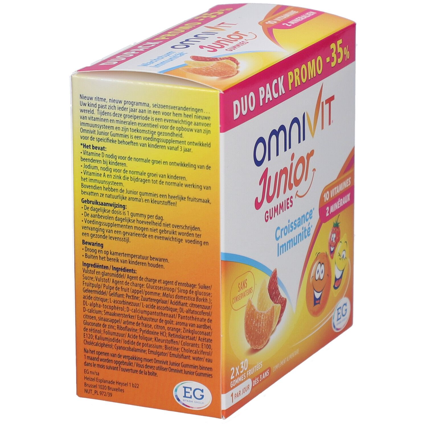 Verpakking Omnivit Junior Gummies. Duo Pack Promo -35%. 10 vitaminen, 2 mineralen. Fruitgummies voor kinderen.
