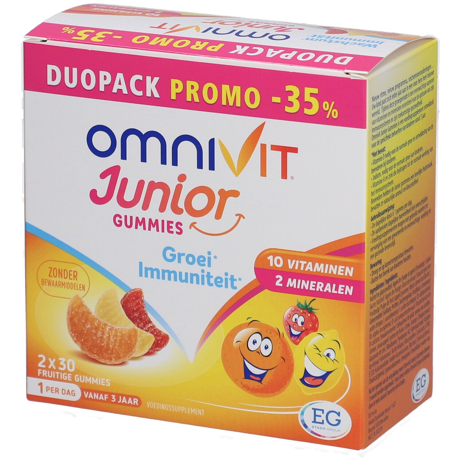 Verpakking Omnivit Junior Gummies. Duo Pack Promo -35%. 10 vitaminen, 2 mineralen. Fruitgummies voor kinderen.