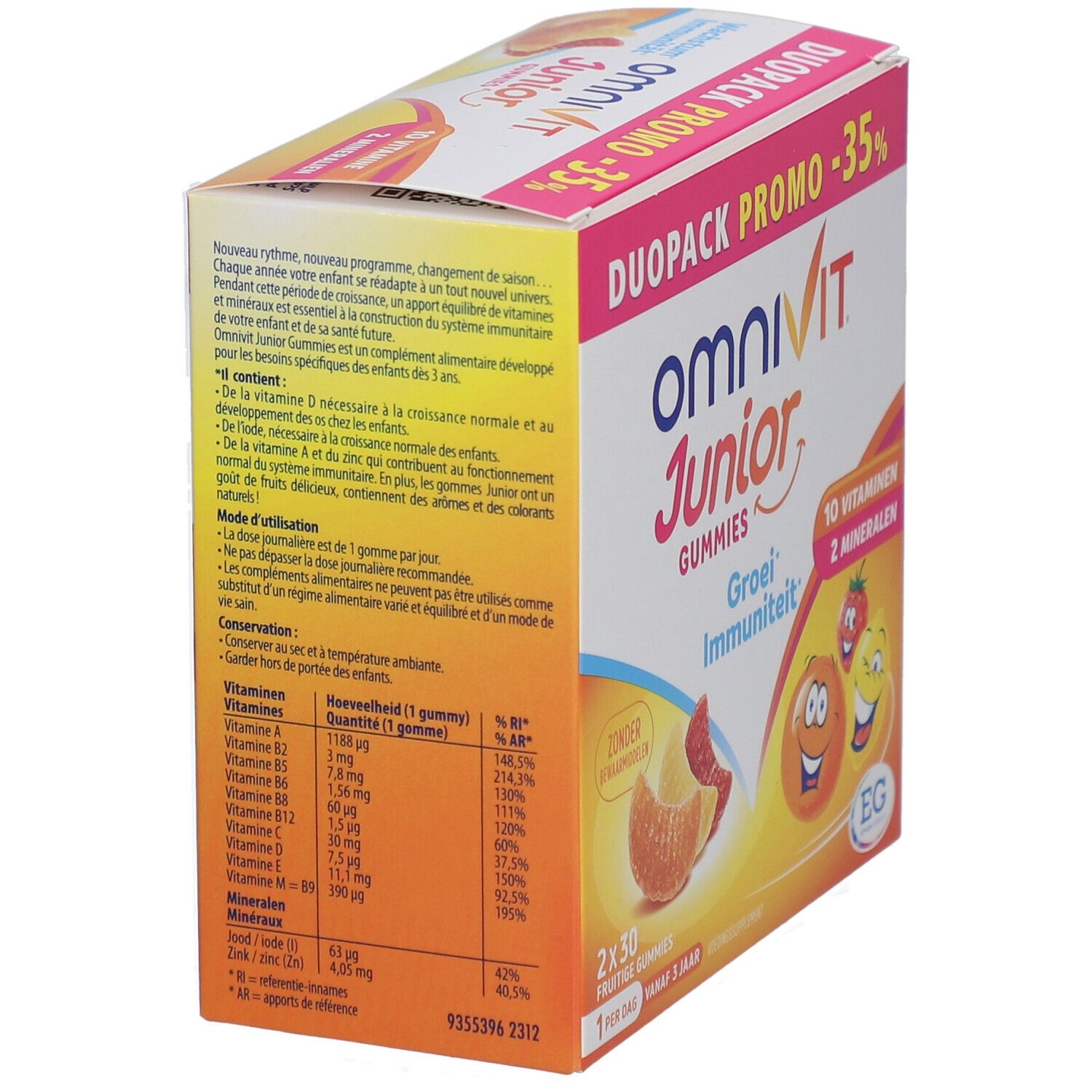 Verpakking Omnivit Junior Gummies. Duo Pack Promo -35%. 10 vitaminen, 2 mineralen. Fruitgummies voor kinderen.