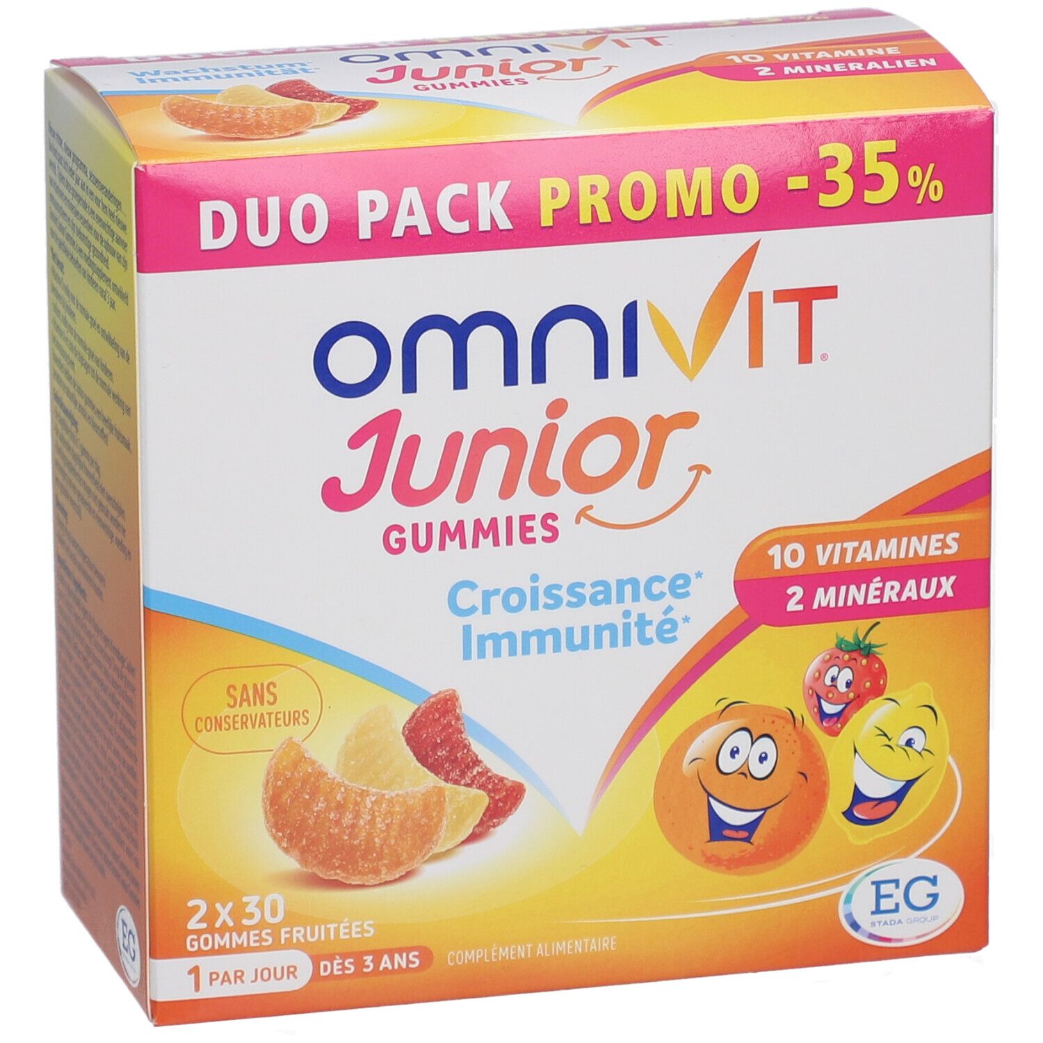 Verpakking Omnivit Junior Gummies. Duo Pack Promo -35%. 10 vitaminen, 2 mineralen. Fruitgummies voor kinderen.