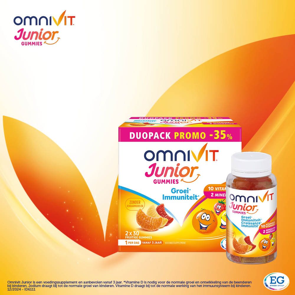 Verpakking Omnivit Junior Gummies. Duo Pack Promo -35%. 10 vitaminen, 2 mineralen. Fruitgummies voor kinderen.
