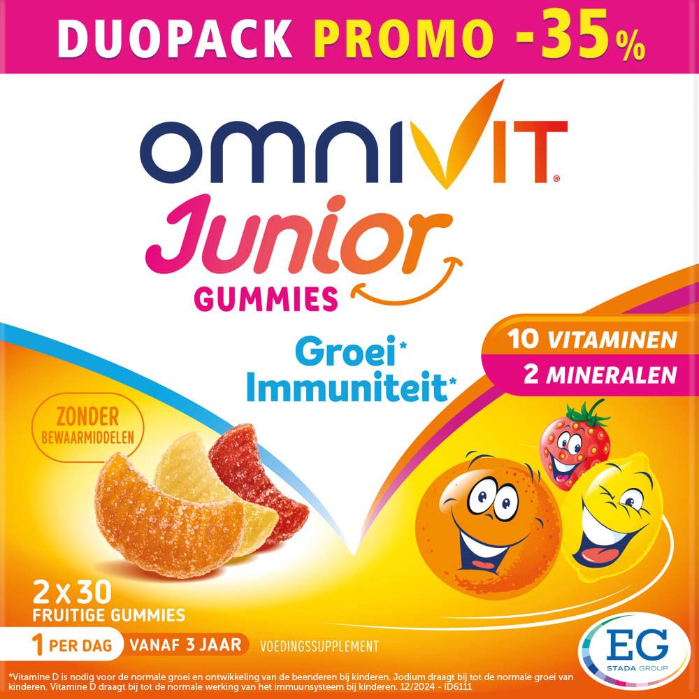 Verpakking Omnivit Junior Gummies. Duo Pack Promo -35%. 10 vitaminen, 2 mineralen. Fruitgummies voor kinderen.