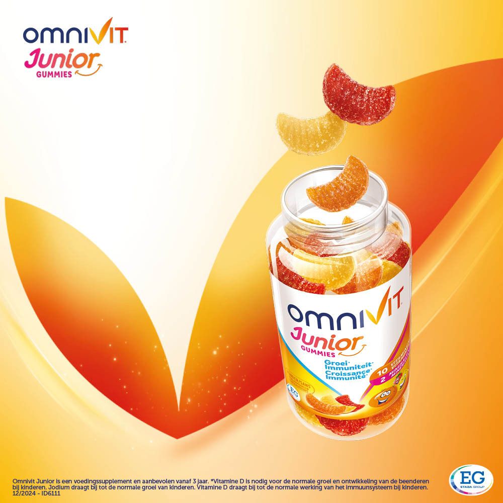 Verpakking Omnivit Junior Gummies. Duo Pack Promo -35%. 10 vitaminen, 2 mineralen. Fruitgummies voor kinderen.
