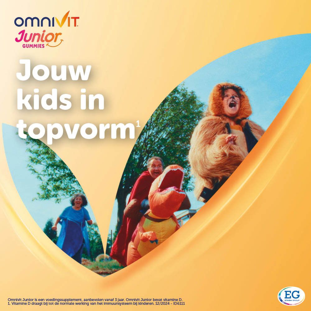 Verpakking Omnivit Junior Gummies. Duo Pack Promo -35%. 10 vitaminen, 2 mineralen. Fruitgummies voor kinderen.