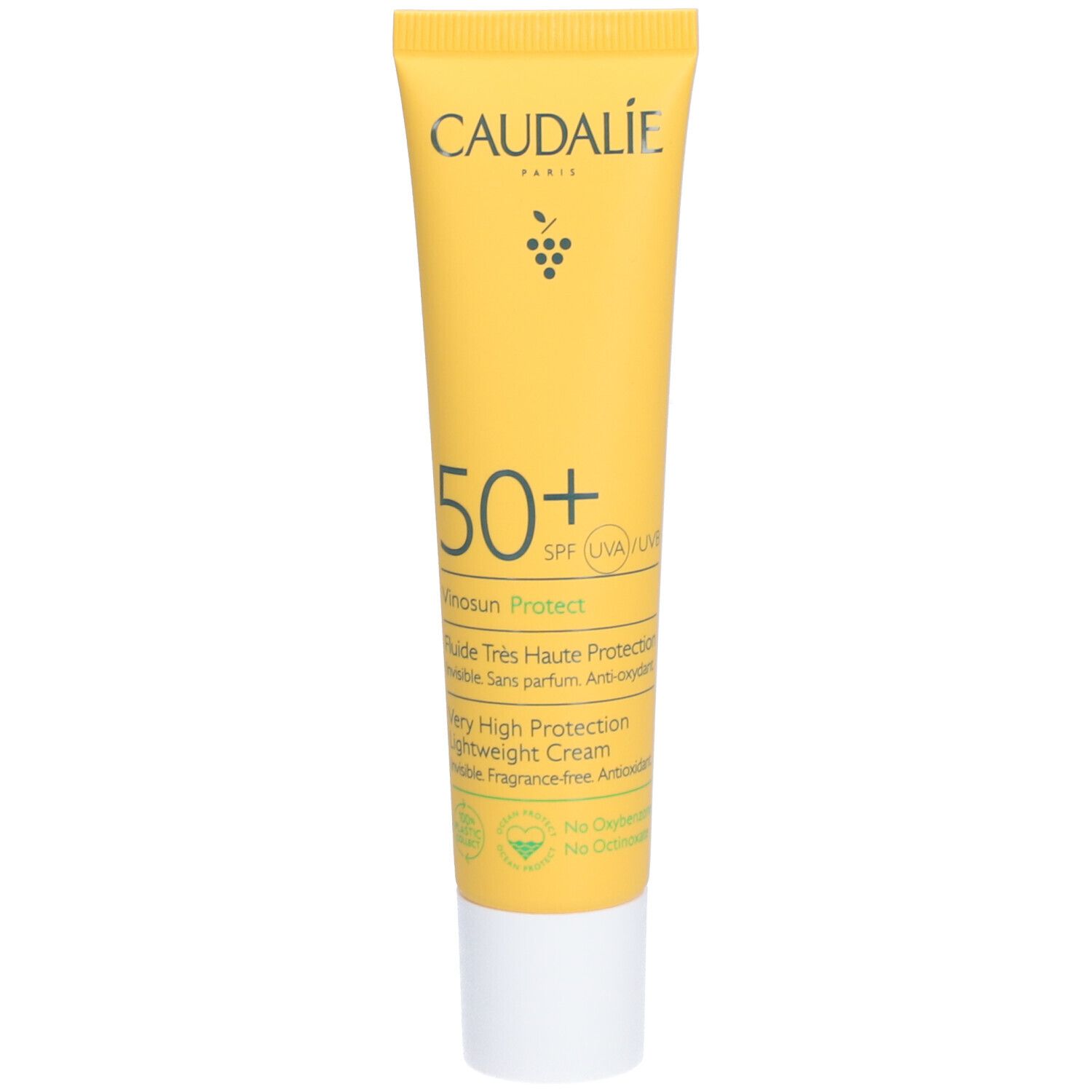Tube jaune avec bouchon blanc. Inscription Caudalie, 50+ SPF, Vinosun Protect. Texte en anglais et français.