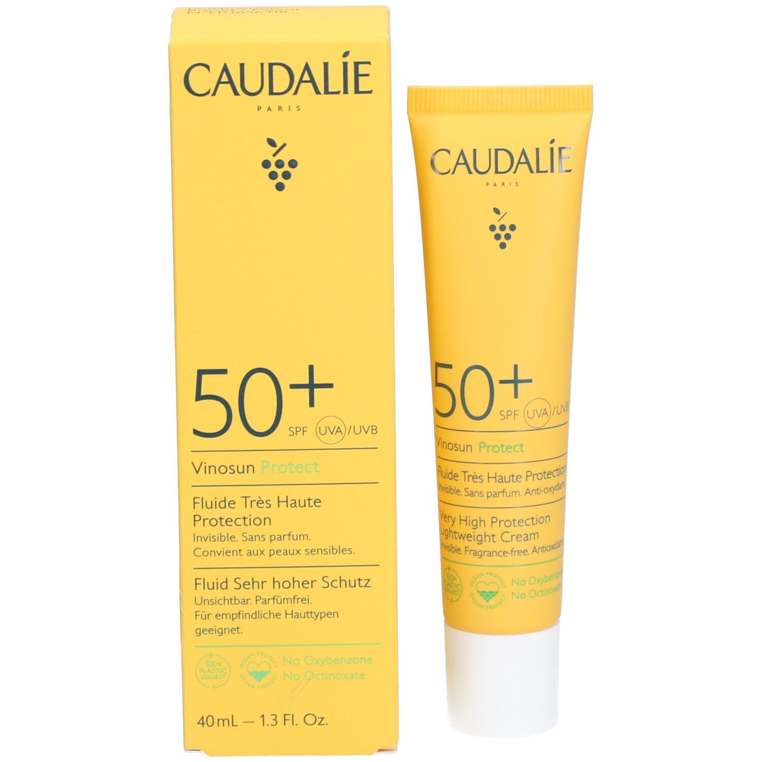 Boîte et tube jaunes. Inscription Caudalie, 50+ SPF, Vinosun Protect. Texte en anglais, français et allemand.