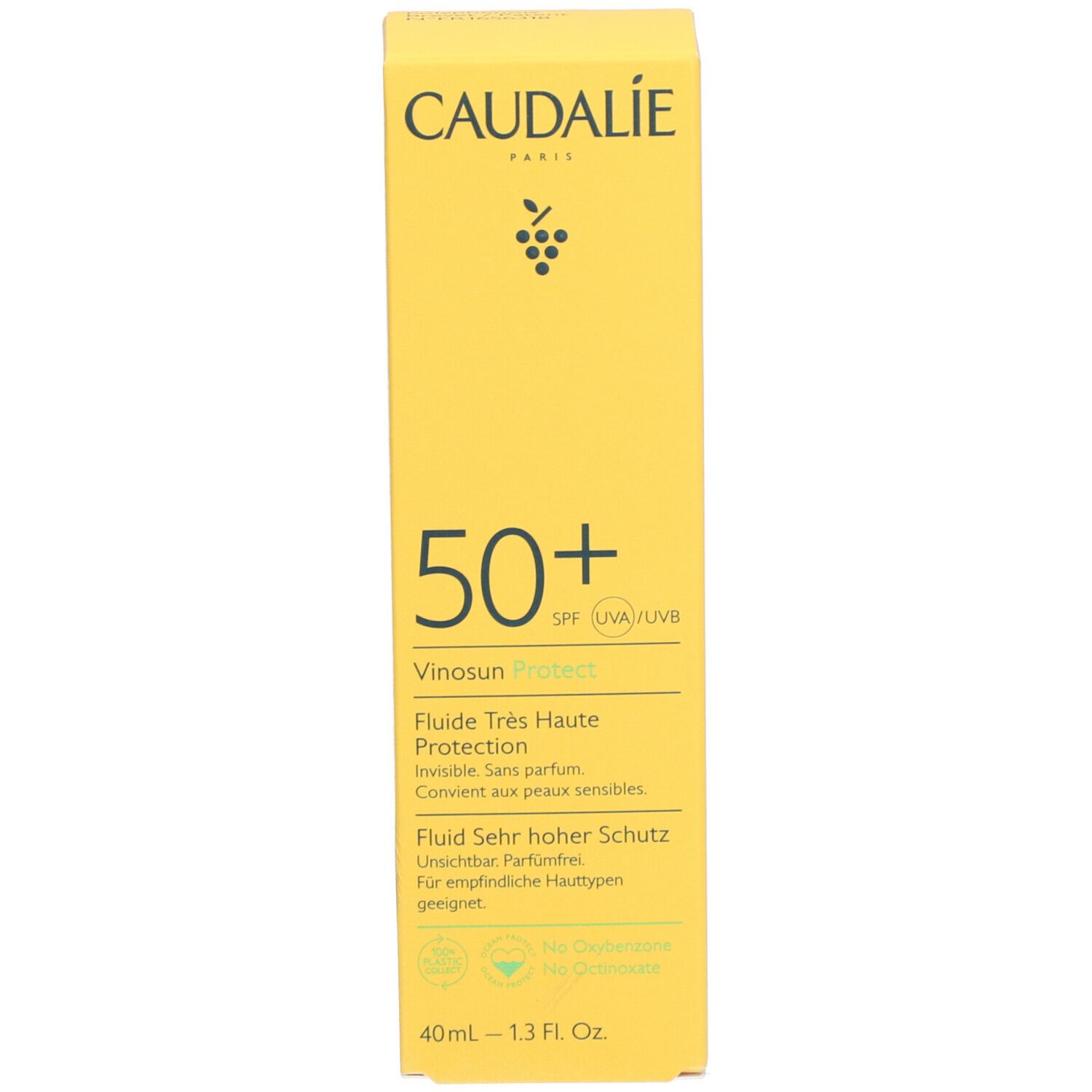 Boîte jaune avec inscription Caudalie, 50+ SPF, Vinosun Protect. Texte en anglais, français et allemand.