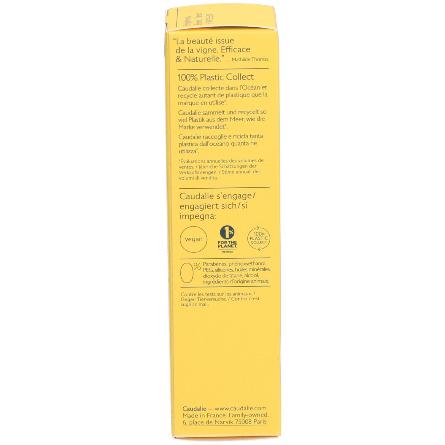 Boîte jaune, texte en français. Logos pour Vegan, 1 Planet et 100% Plastic Collect.