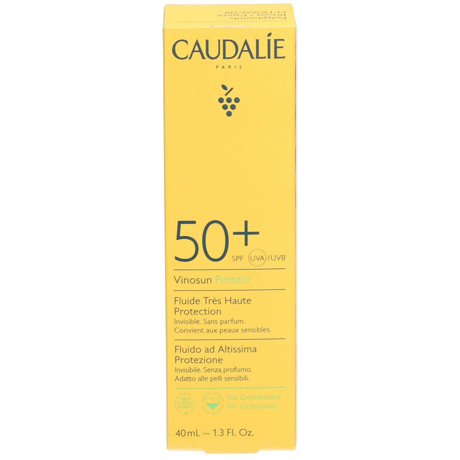 Boîte jaune avec inscription Caudalie, 50+ SPF, Vinosun Protect. Texte en anglais, français et italien.