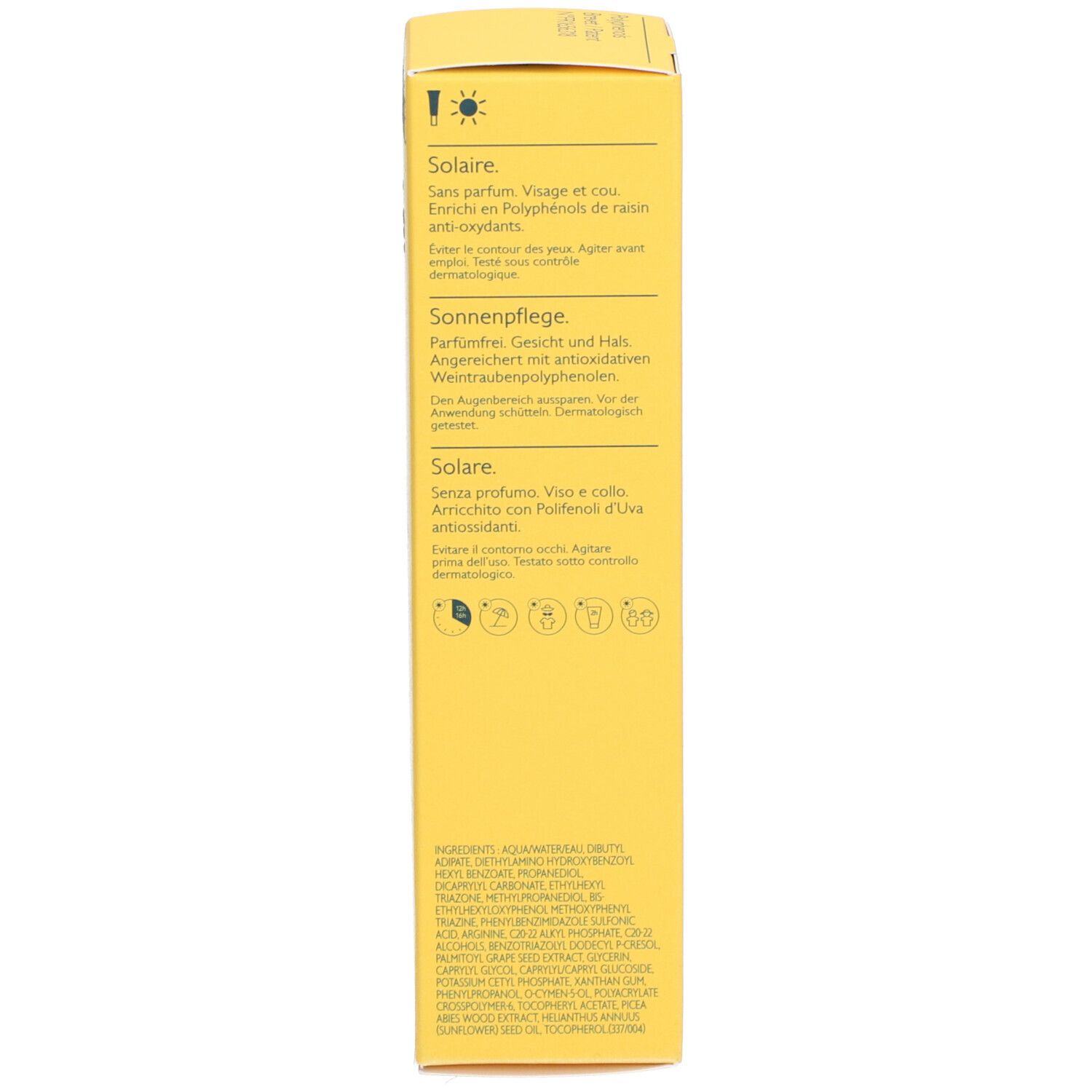 Dos de la boîte jaune. Texte en français, allemand et italien. Ingrédients et logos.