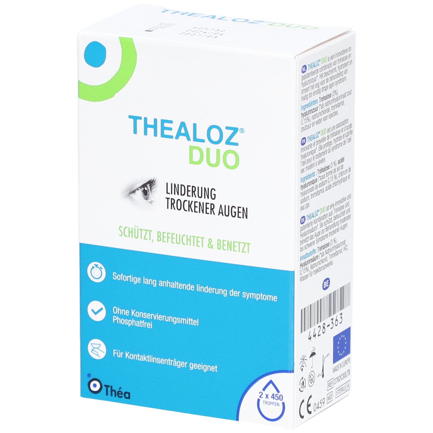 Thealoz Duo verpakking. Productnaam, beschrijving, logo's. 2x450 druppels. Geschikt voor contactlensdragers.
