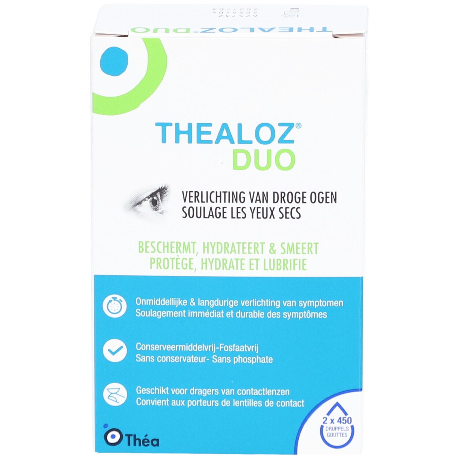 Thealoz Duo verpakking. Productnaam, beschrijving, logo's. 2x450 druppels. Voor droge ogen. Zonder bewaarmiddelen.