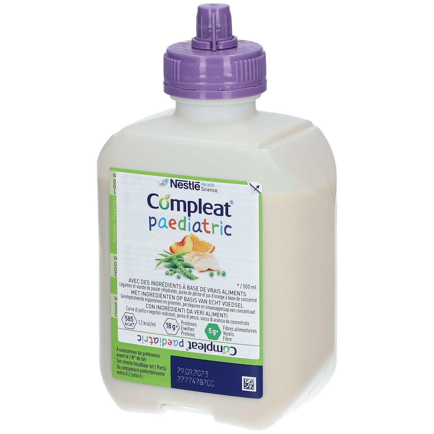 Nestlé Compleat paediatric fles. Wit, vierkant ontwerp met paarse dop. Productlabel met tekst en illustraties.