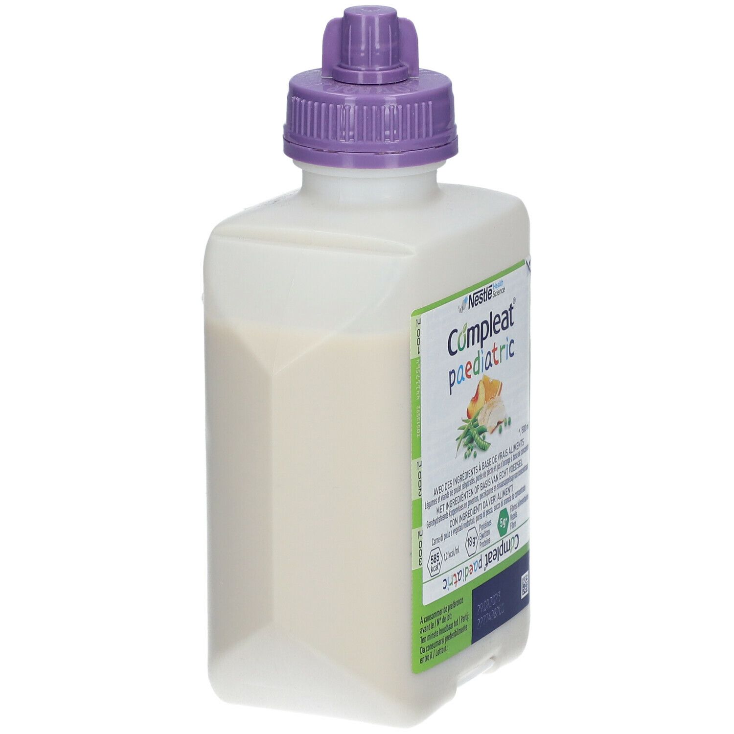 Nestlé Compleat paediatric fles. Wit, vierkant ontwerp met paarse dop. Zijaanzicht met productlabel.