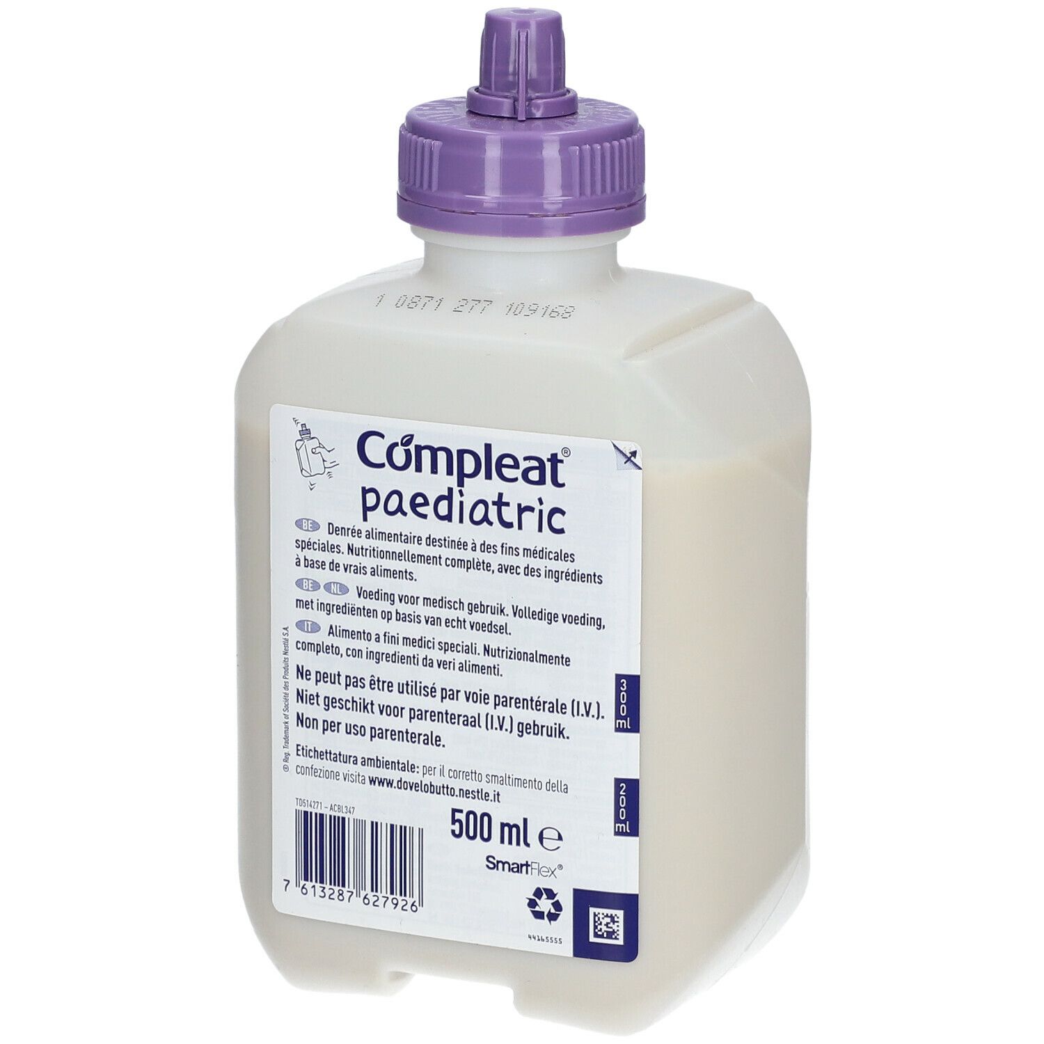 Nestlé Compleat paediatric fles. Wit, vierkant ontwerp met paarse dop. Label met tekst, 500 ml. Smartflex-logo.