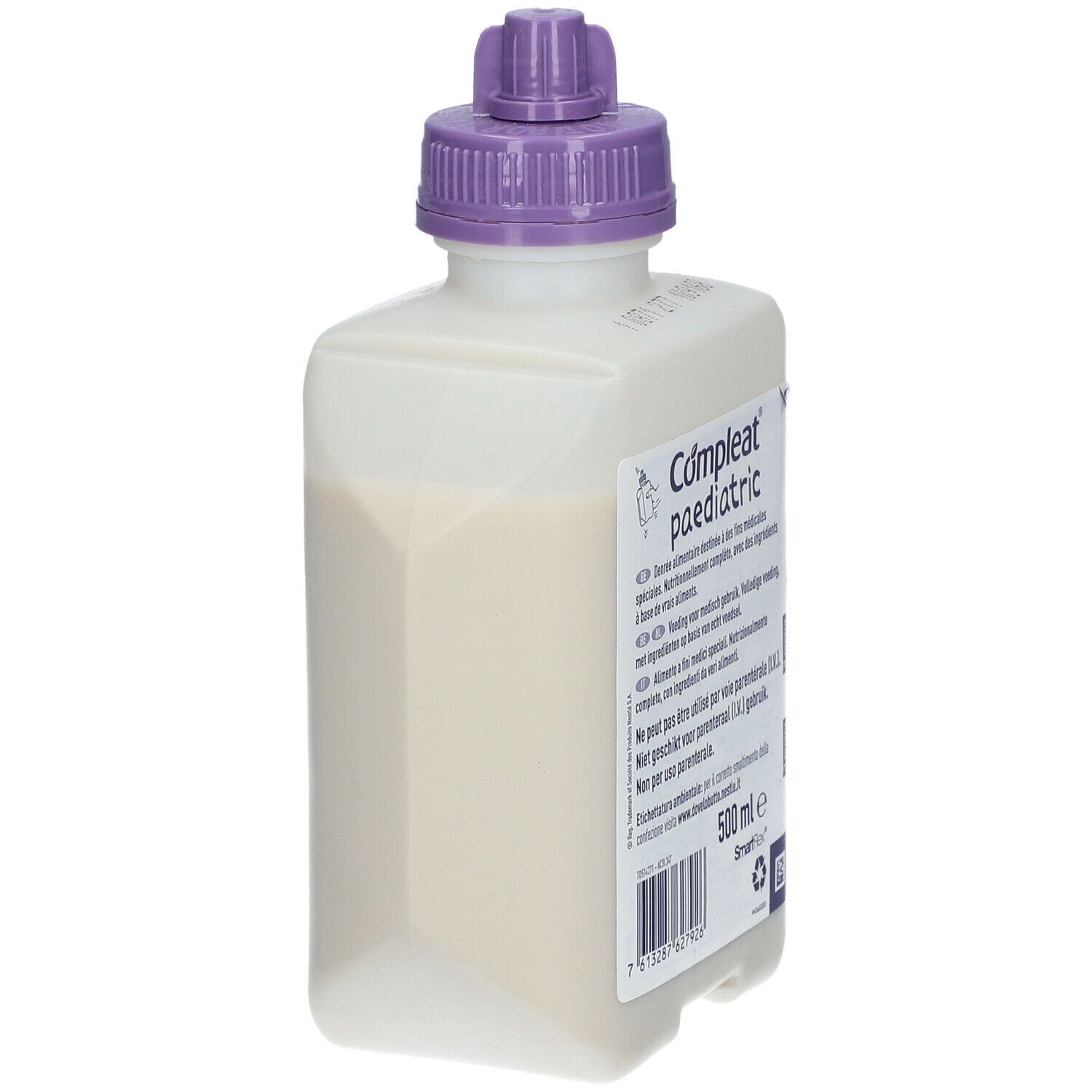 Nestlé Compleat paediatric fles. Wit, vierkant ontwerp met paarse dop. Zijaanzicht met label en tekst.