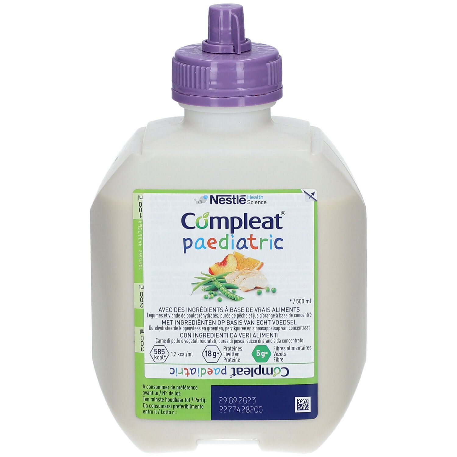 Nestlé Compleat paediatric fles. Wit, vierkant ontwerp met paarse dop. Label met tekst, illustraties en voedingswaarde.