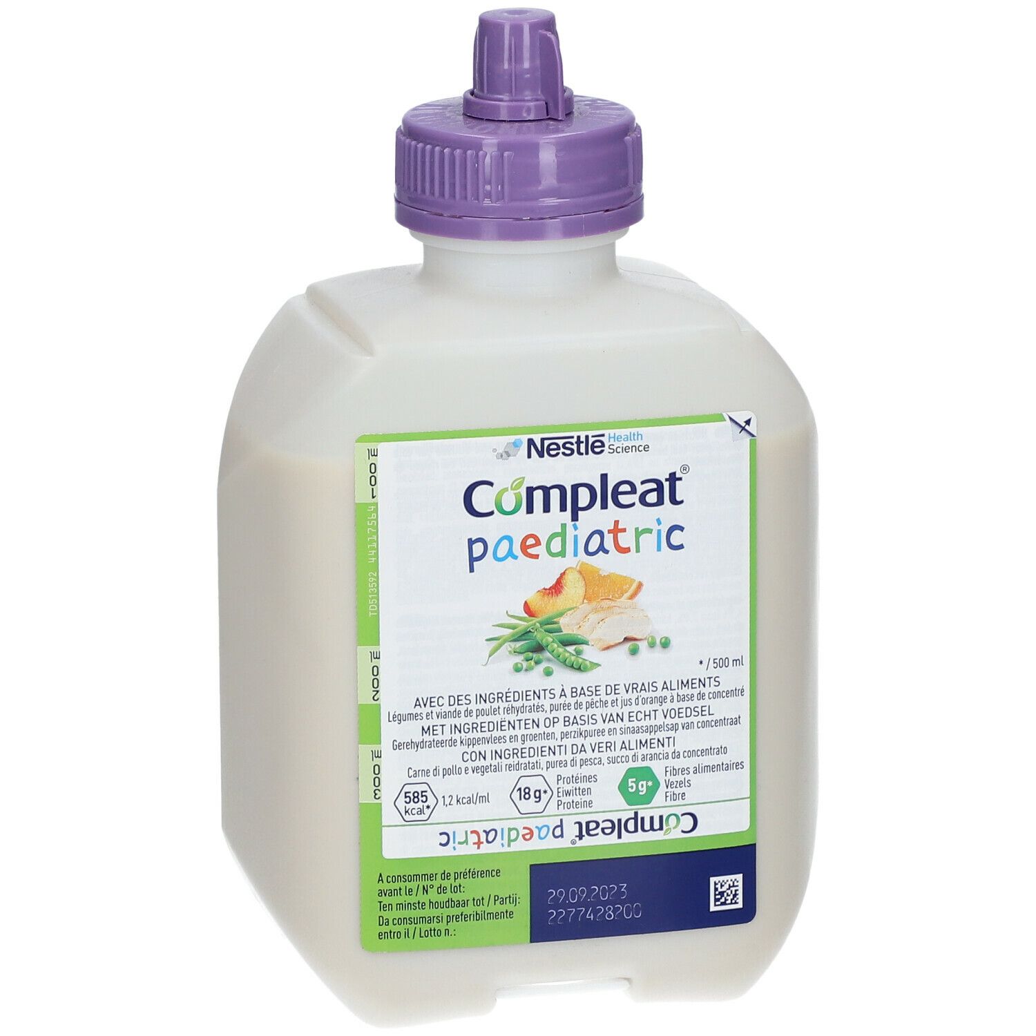Nestlé Compleat paediatric fles. Wit, vierkant ontwerp met paarse dop. Label met tekst, illustraties en voedingswaarde.