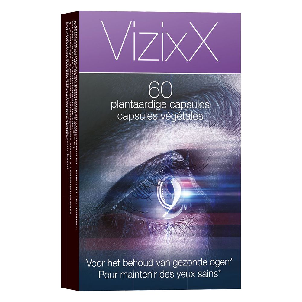 VizzixX verpakking. Zwarte doos met paarse accenten. Bevat 60 capsules. Afbeelding van een oog.