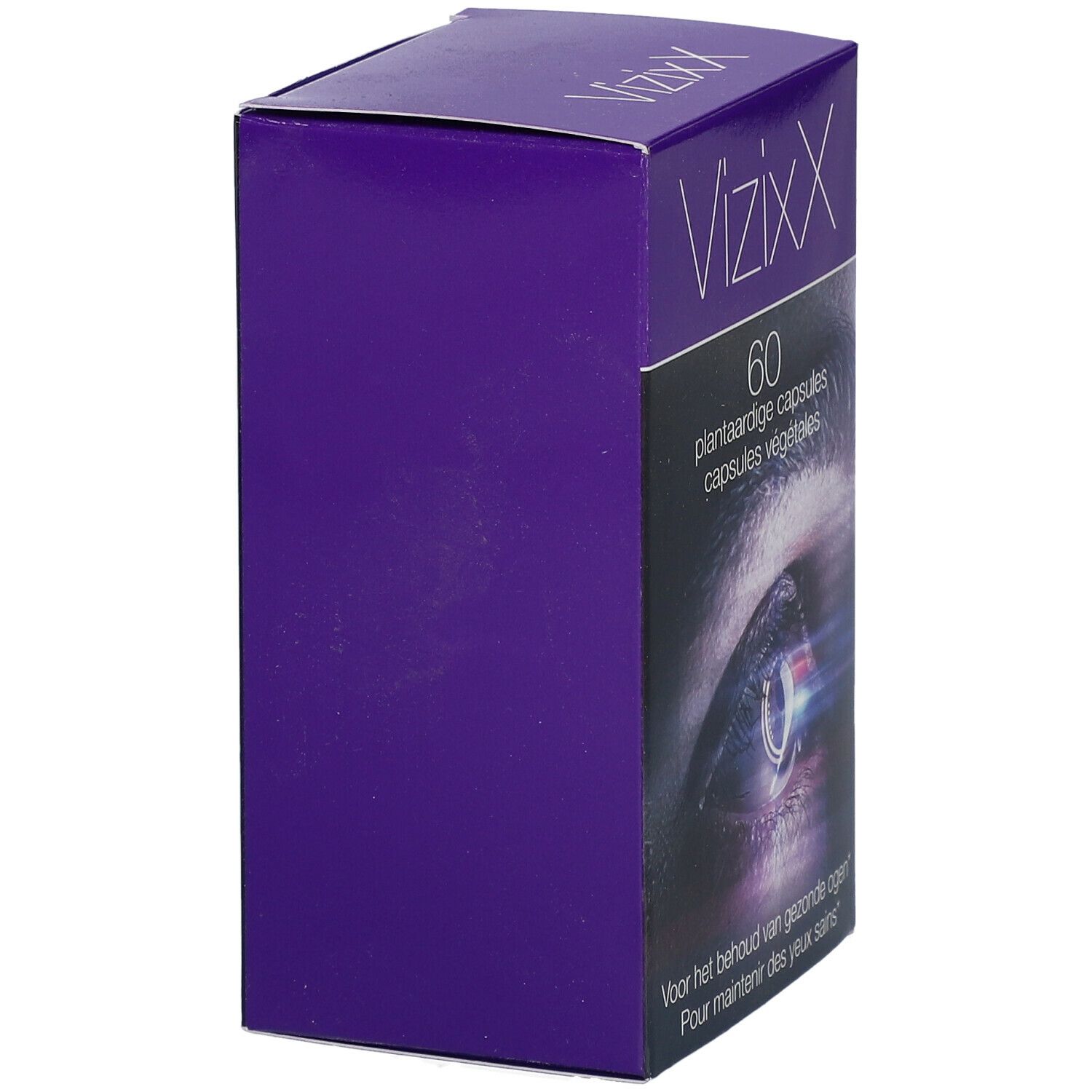 VizzixX verpakking. Paarse doos, zijaanzicht. Merk en productnaam bovenaan.