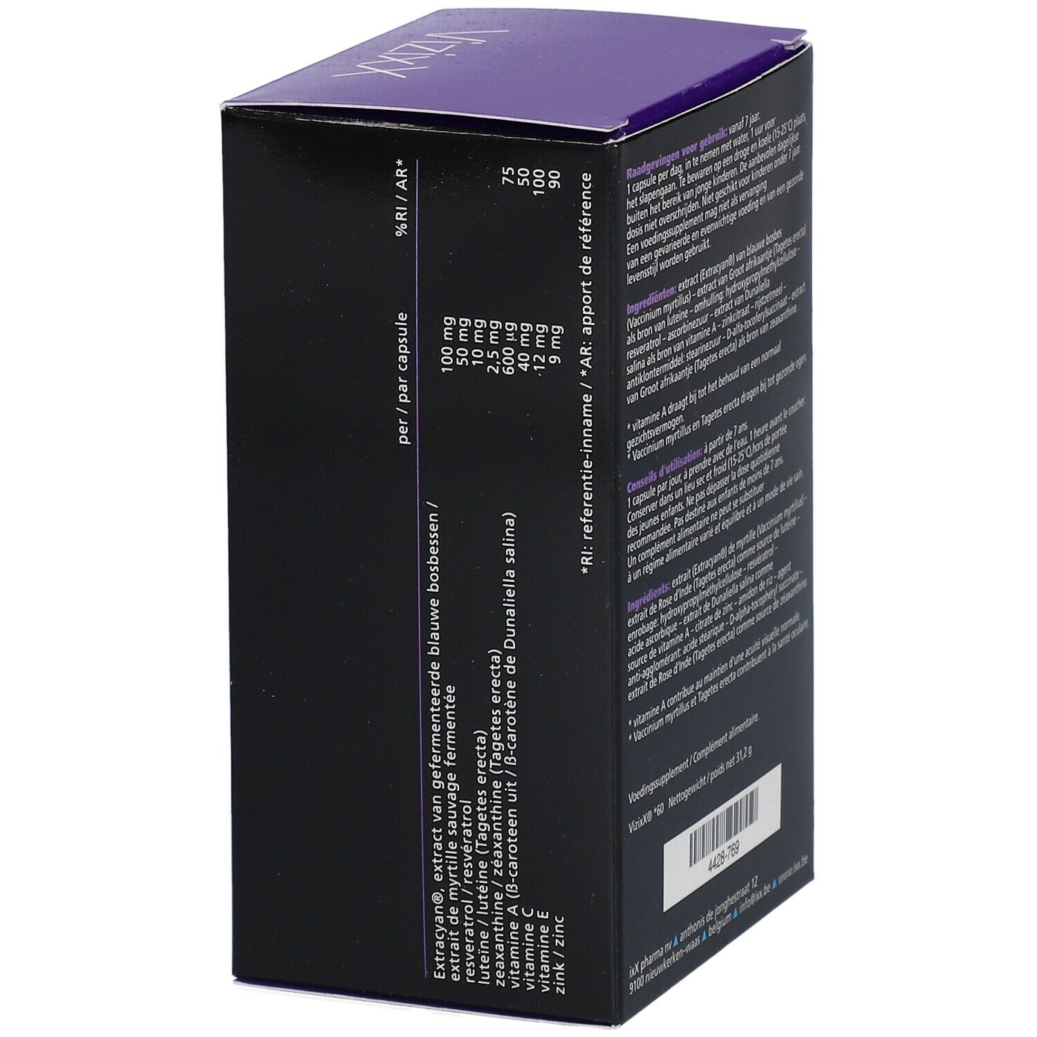 VizzixX verpakking. Zijkant met voedingswaarde-informatie en ingrediënten per capsule.