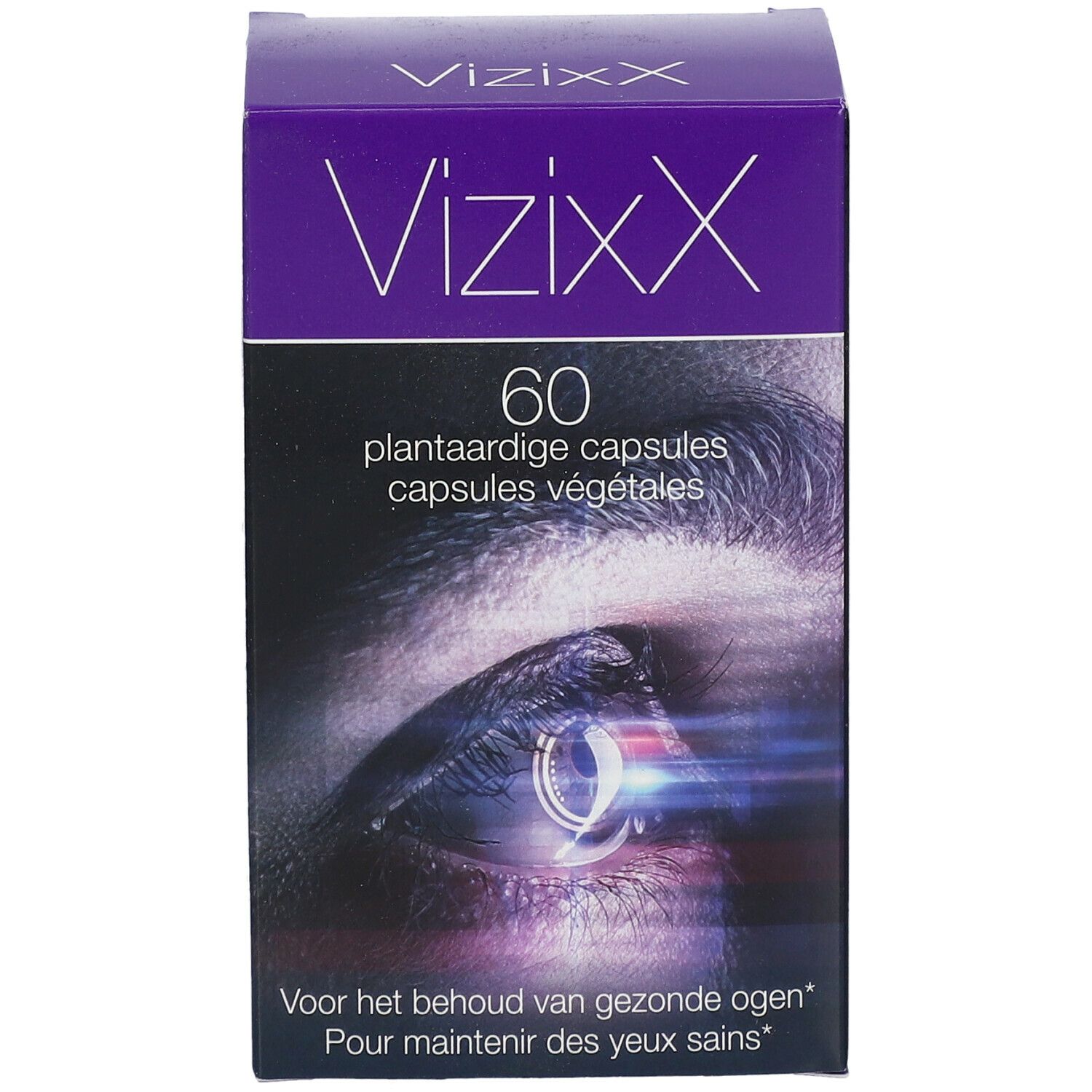 VizzixX verpakking. Zwarte doos met paarse accenten. Bevat 60 capsules. Afbeelding van een oog.
