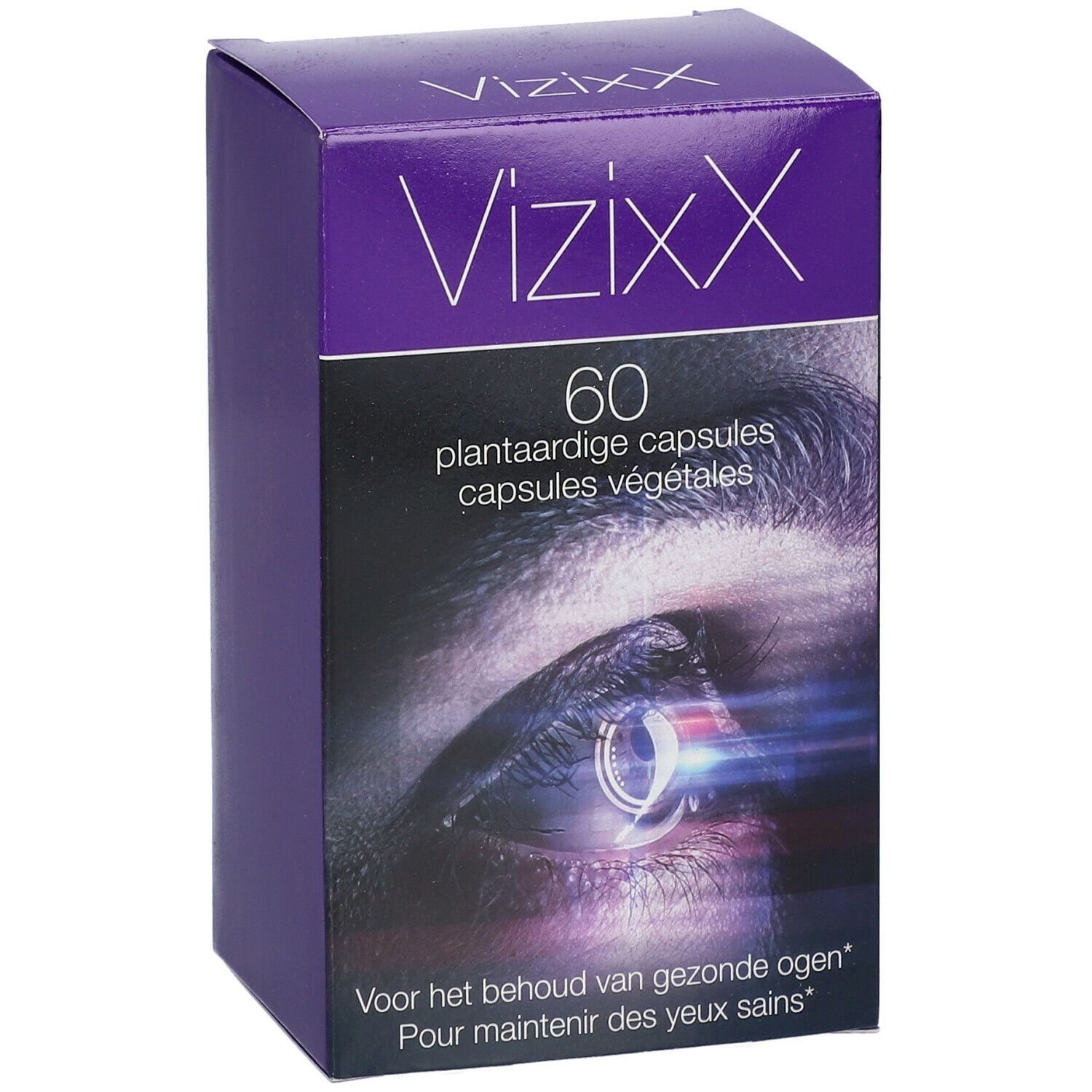 VizzixX verpakking. Zwarte doos met paarse accenten. Bevat 60 capsules. Afbeelding van een oog.