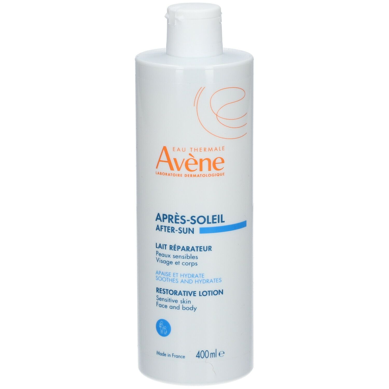 Flacon blanc avec étiquette. Inscription: Avène Après-Soleil. Restorative Lotion pour visage et corps. 400ml.