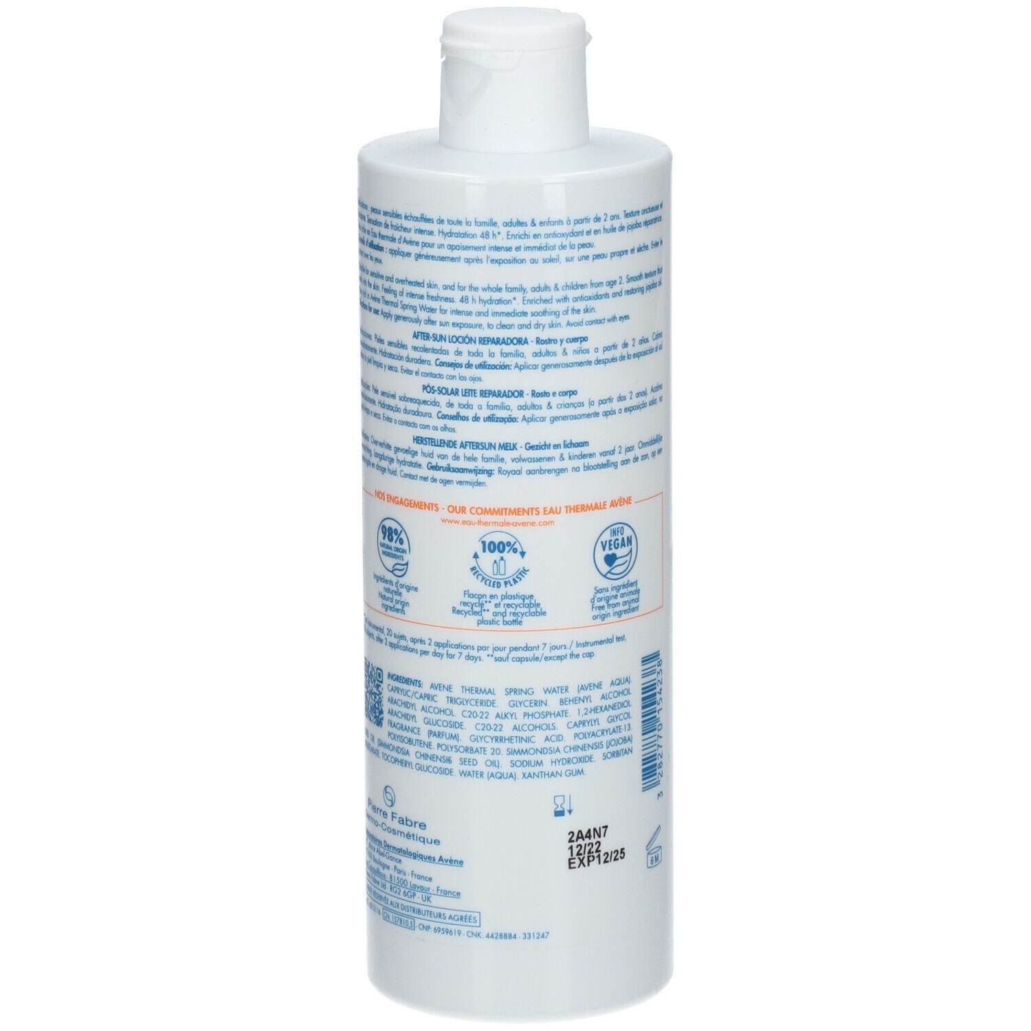 Dos du flacon blanc. Texte sur l'étiquette. Logos pour 100% recyclable, ingrédients végétaux, vegan. EXP 1225.