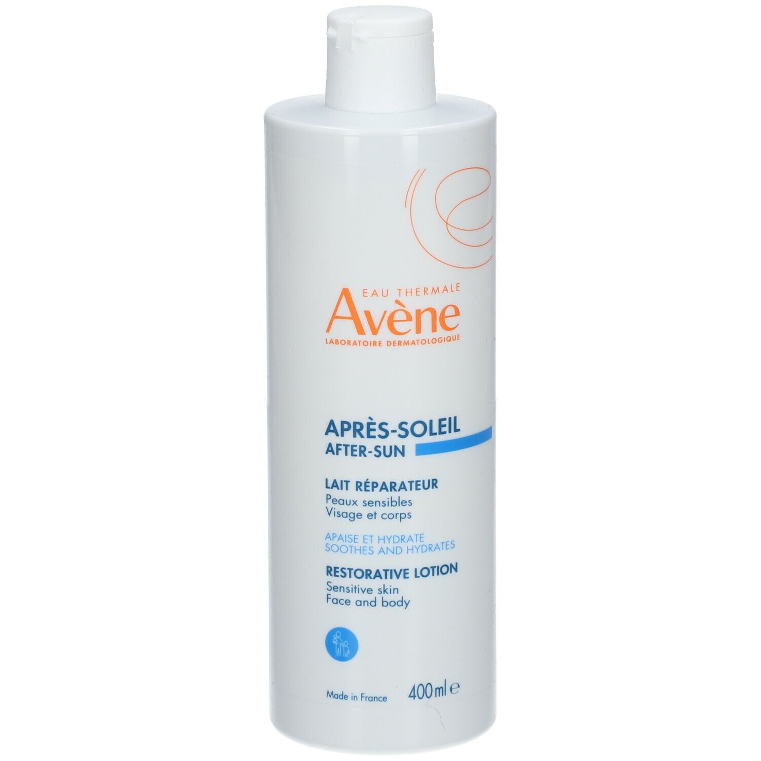 Flacon blanc avec étiquette. Inscription: Avène Après-Soleil. Restorative Lotion pour visage et corps. 400ml.